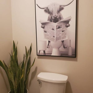 Framed Canvas Wall Art Highland Cow Sitting on the Toilet Animal Print ...