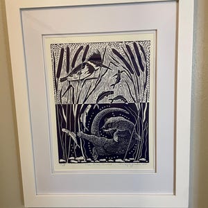 The River Ballet Linocut in Blue,otter Linocut,kingfisher Linocut