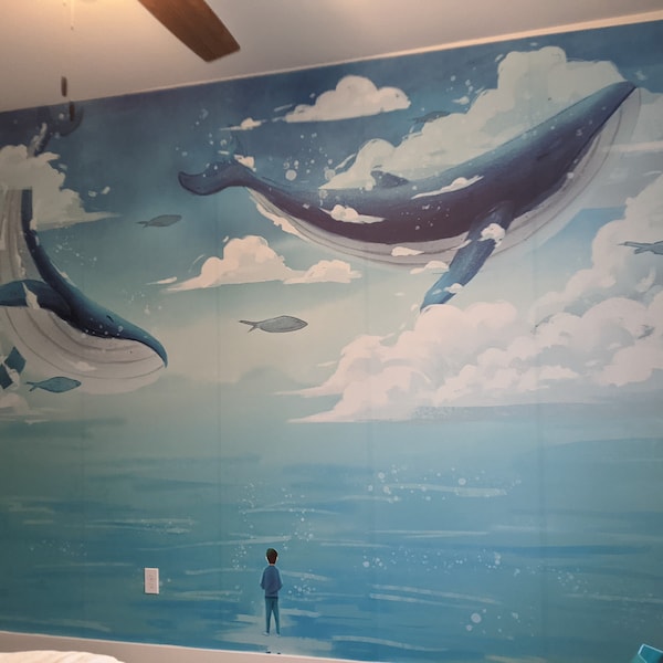 Blue Whale Wallpaper Ocean Motif Nursery Decor Removable Flying Whale ...
