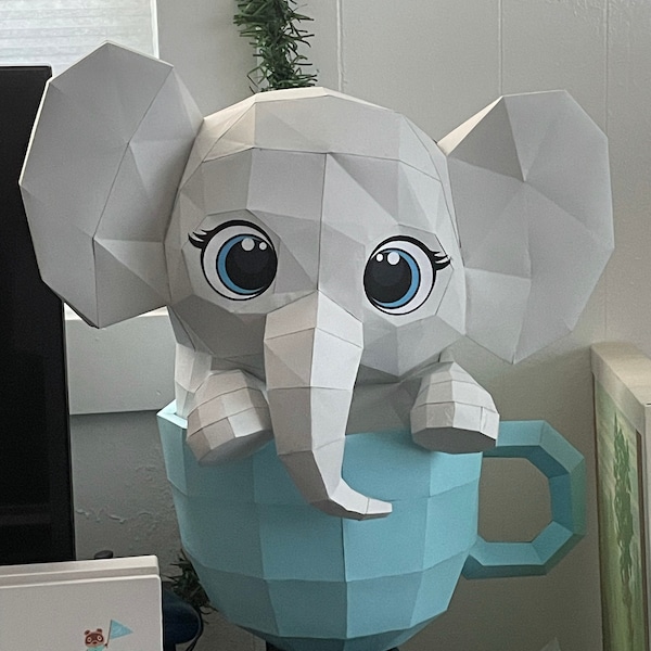 Cute Elephant in Cup 3d Paper Craft SVG and PDF, Low Poly Paper Craft ...