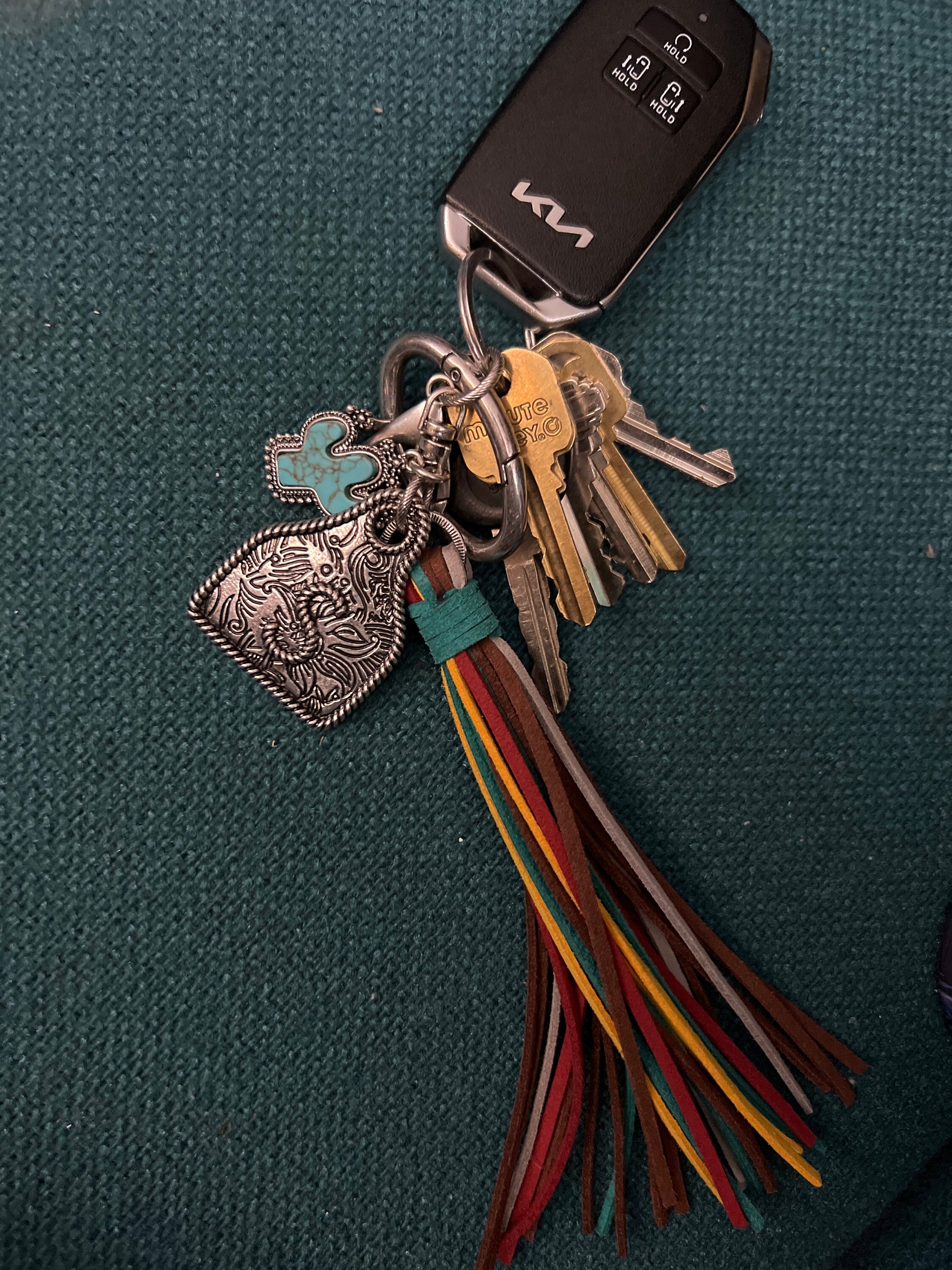 Initial Monogram Keychain/ Turquoise Charm/Initial Cattle Ear Tag Keychain/multi color tassel fringe keychain