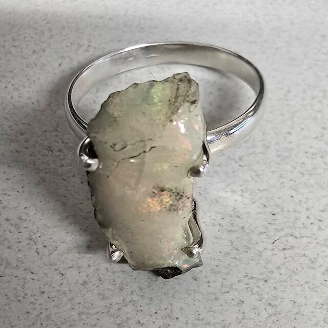 Natural Ethiopian Opal Raw Ring, Uncut Gemstone Ring, 925
