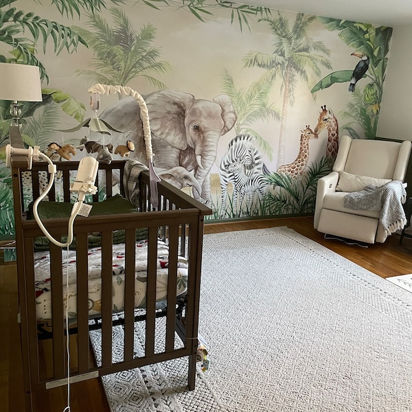 Kids Wallpaper Peel and Stick | Safari Animals With Baby Wall Mural - Etsy