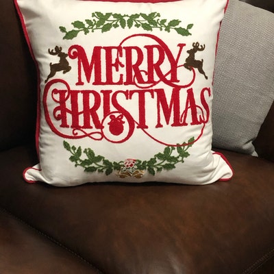 Merry Christmas Embroidered Wreath Throw Pillow Cover White - Etsy