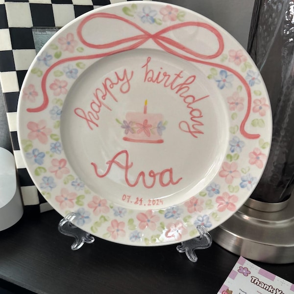 Princess Birthday Plate for Girl – Custom Ceramic With Crown, Pink Bow ...