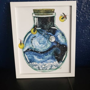 銀河の絵、水彩画、夜空、ボトル、銀河、星、月、ホタル、水彩画