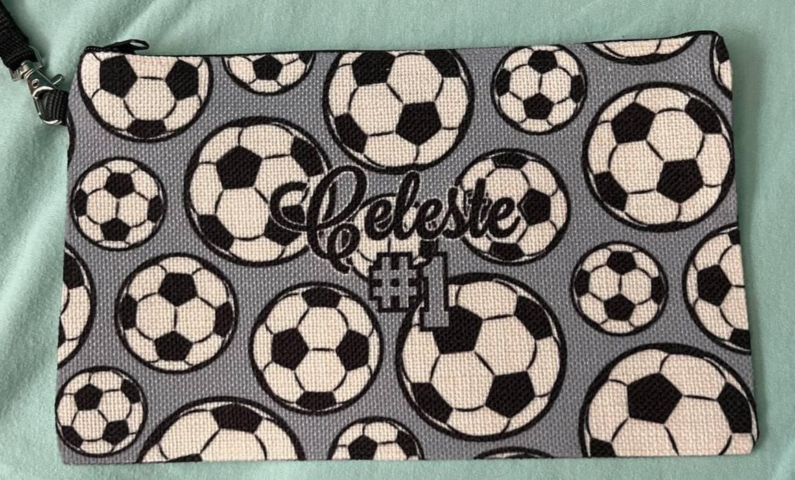 Soccer Girl Makeup Bag, Personalized, Natural Linen, Zipper Pouch, Makeup Bag, Tech Accessory Bag, Art or Journaling Pouch