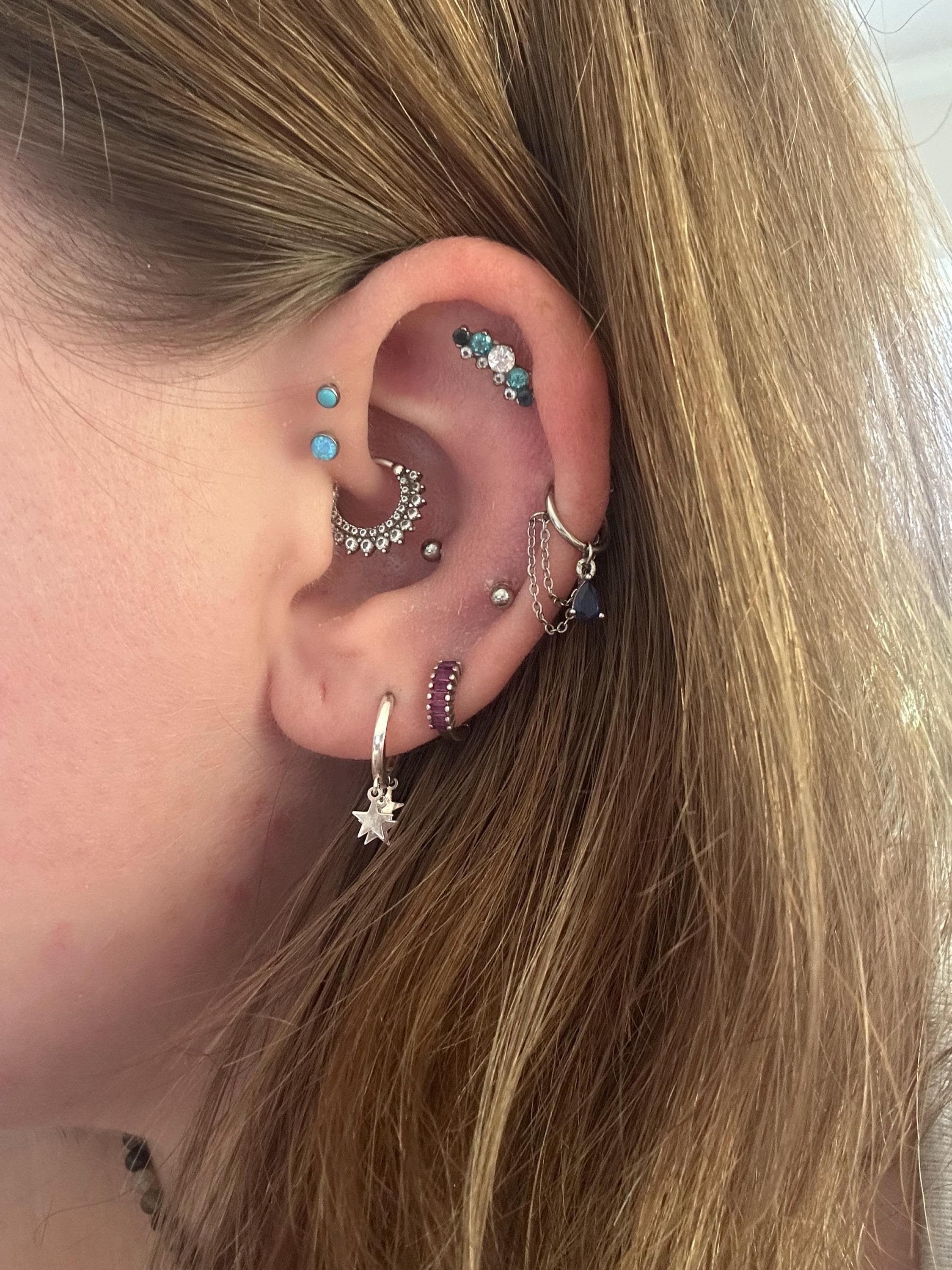 6mm-12mm Dainty Emerald Teardrop Double Chain Helix Piercing, hoop huggies, chain earrings, helix hoops, 16g 18g stainless