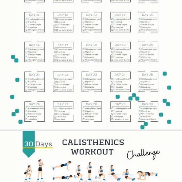 30 Day Calisthenics Workout Challenge, Printable Bodyweight Planner ...