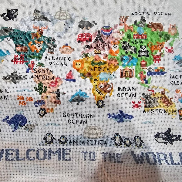 Birth Announcement for Boys and Girls World Map Modern Cross Stitch ...