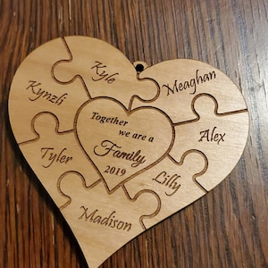Family Puzzle Heart Ornament Wood Rustic Personalized Valentine 