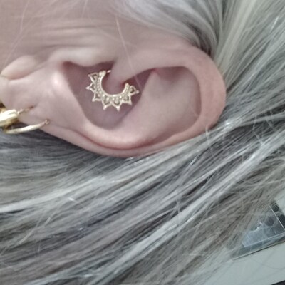 14kt Yellow Gold CZ Floral Beaded Tribal Septum Daith Hinged Clicker Hoop main image 1