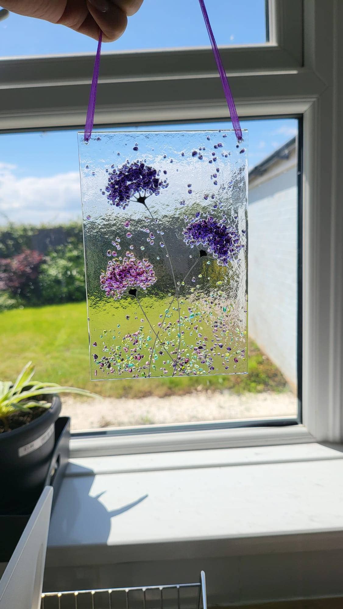 Purple mix whimsical Flower fused glass Art Picture or with Wooden Display Stand