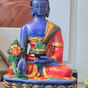 Medicine Buddha Statue | Blessed by Tibetan Buddhist Lama | Artisan Hand Painted Resin | 5 Inches Tall | Proceeds Benefit Meditation Center