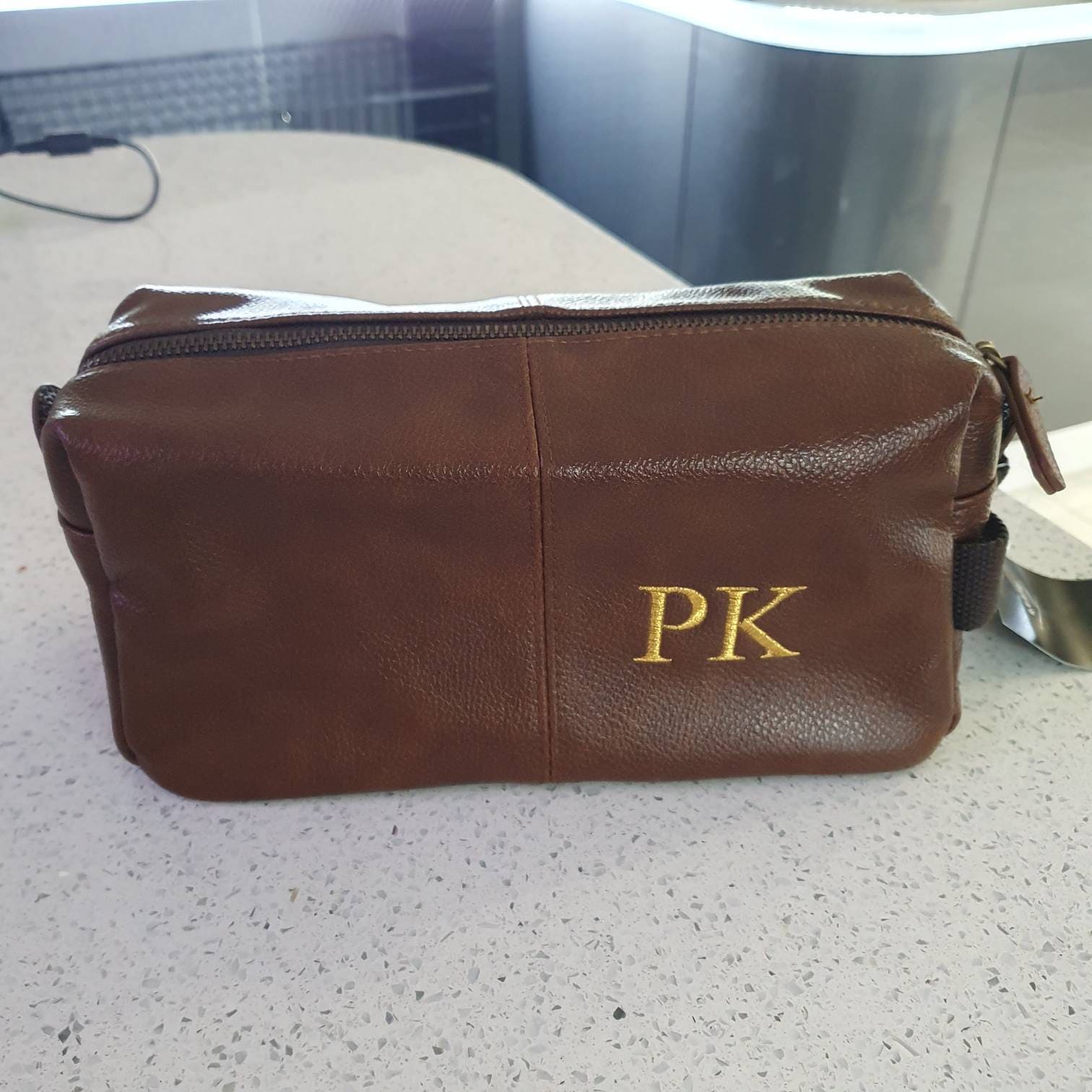 Personalised Embroidered Mens Leather Wash Bag with Strap Black or Brown - Mens Vegan Leather Toilet Bag Embroidered with Initials