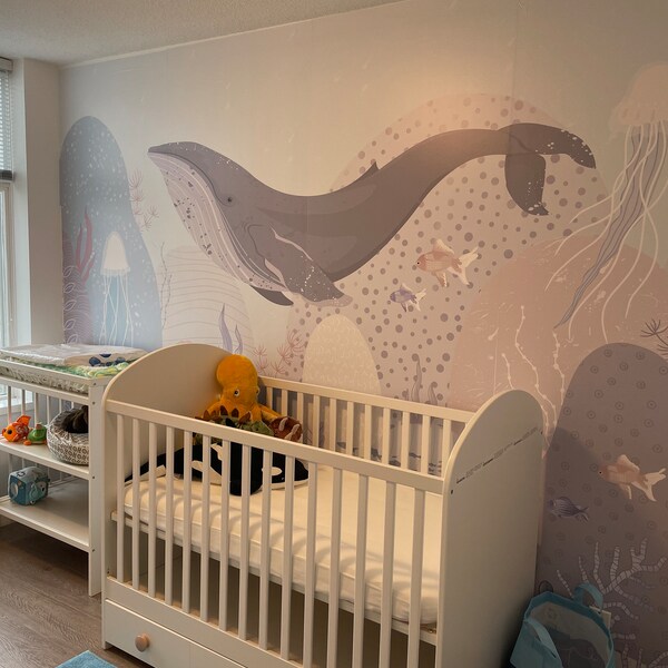 Blue Whale Wallpaper Ocean Motif Nursery Decor Removable Flying Whale ...