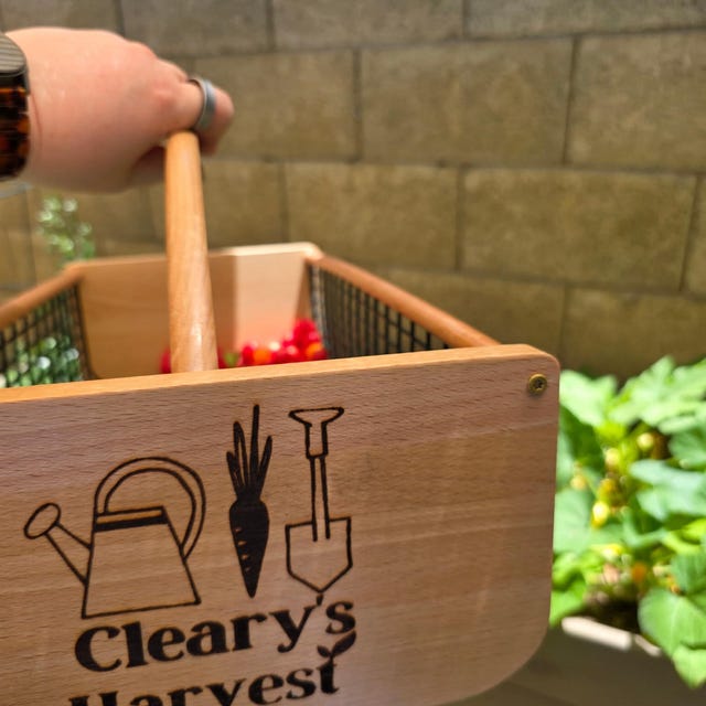 Customer photo of a personalized engraved harvest basket, shared by Lauren in their review