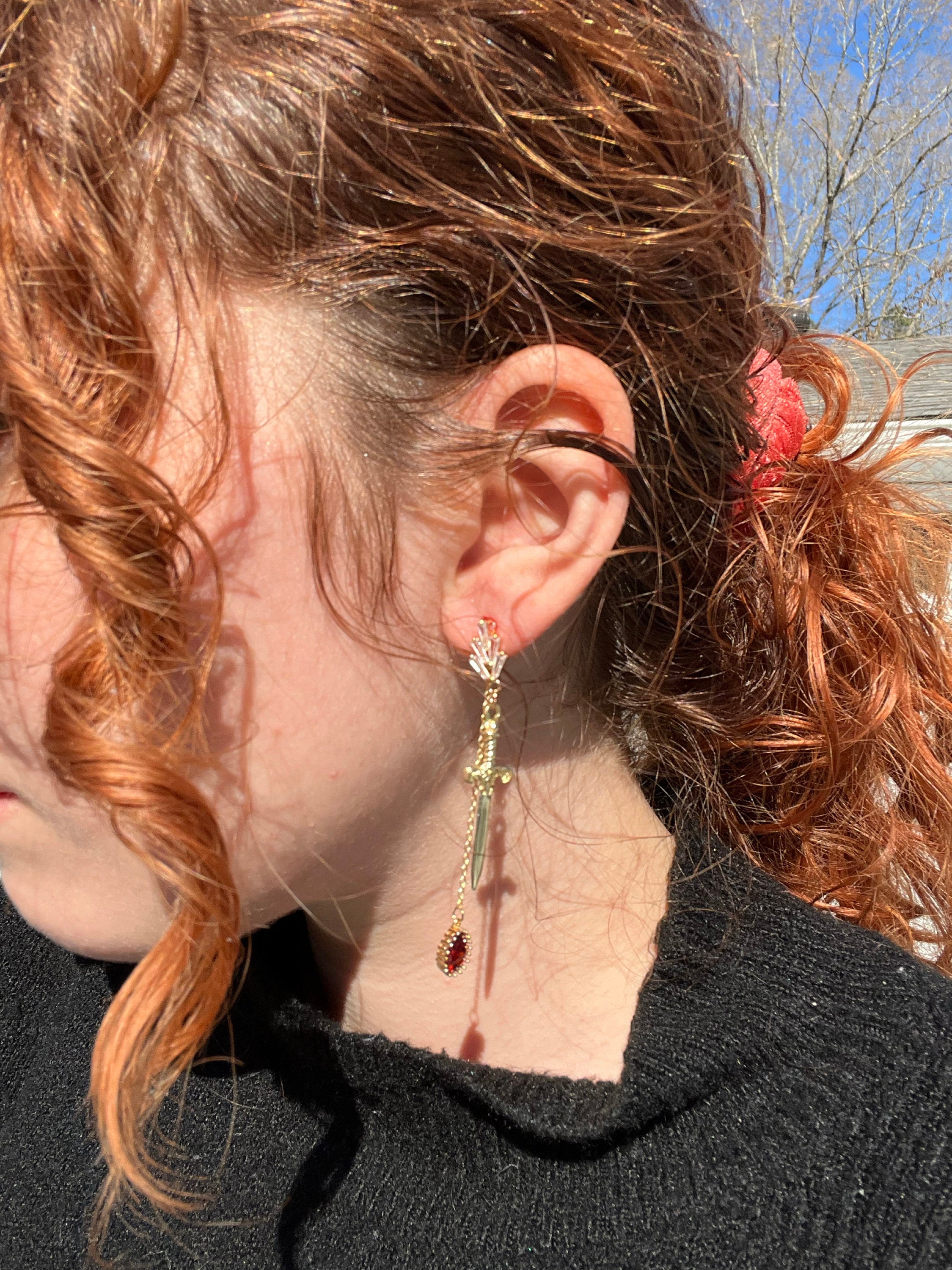 Sword and Blood Drop Dangle 2 Way Earrings / Gold,Silver, Black Deep Red Teardrop Earrings