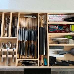 Custom Kitchen Drawer Organizer with individual cut outs for utensils and knives - Custom Made from Solid Maple or Walnut