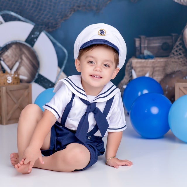 Infant Baby Boy Sailor Outfit, Shorts, Attached Suspenders, W/ Captain Hat,  Surprise Outfit, Birthday, Picture Day, Sailor, Navy Blue 
