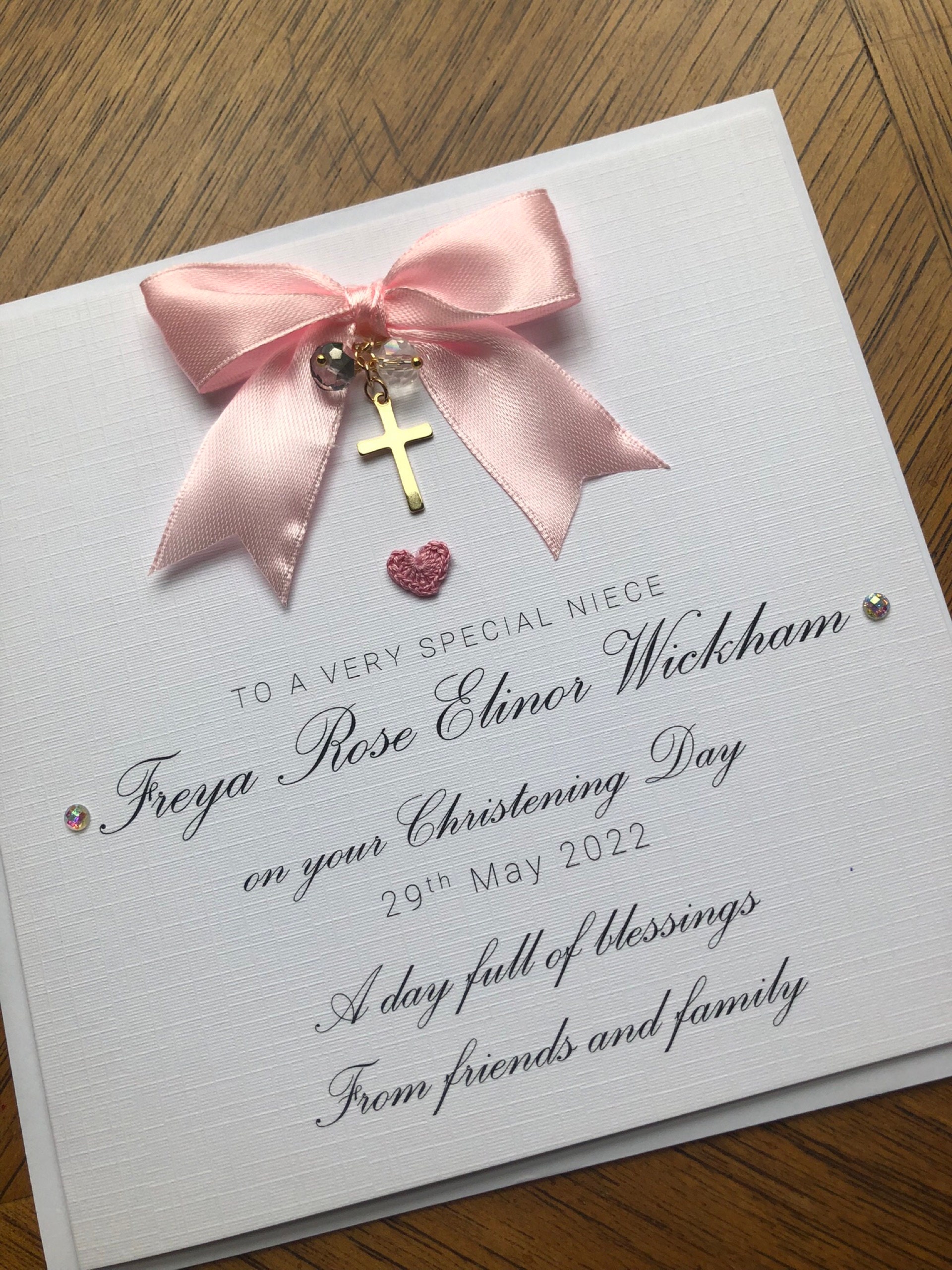 Luxury christening card for girls, personalised christening day, special handmade card, golden cross charm, sending blessings, TLC0012