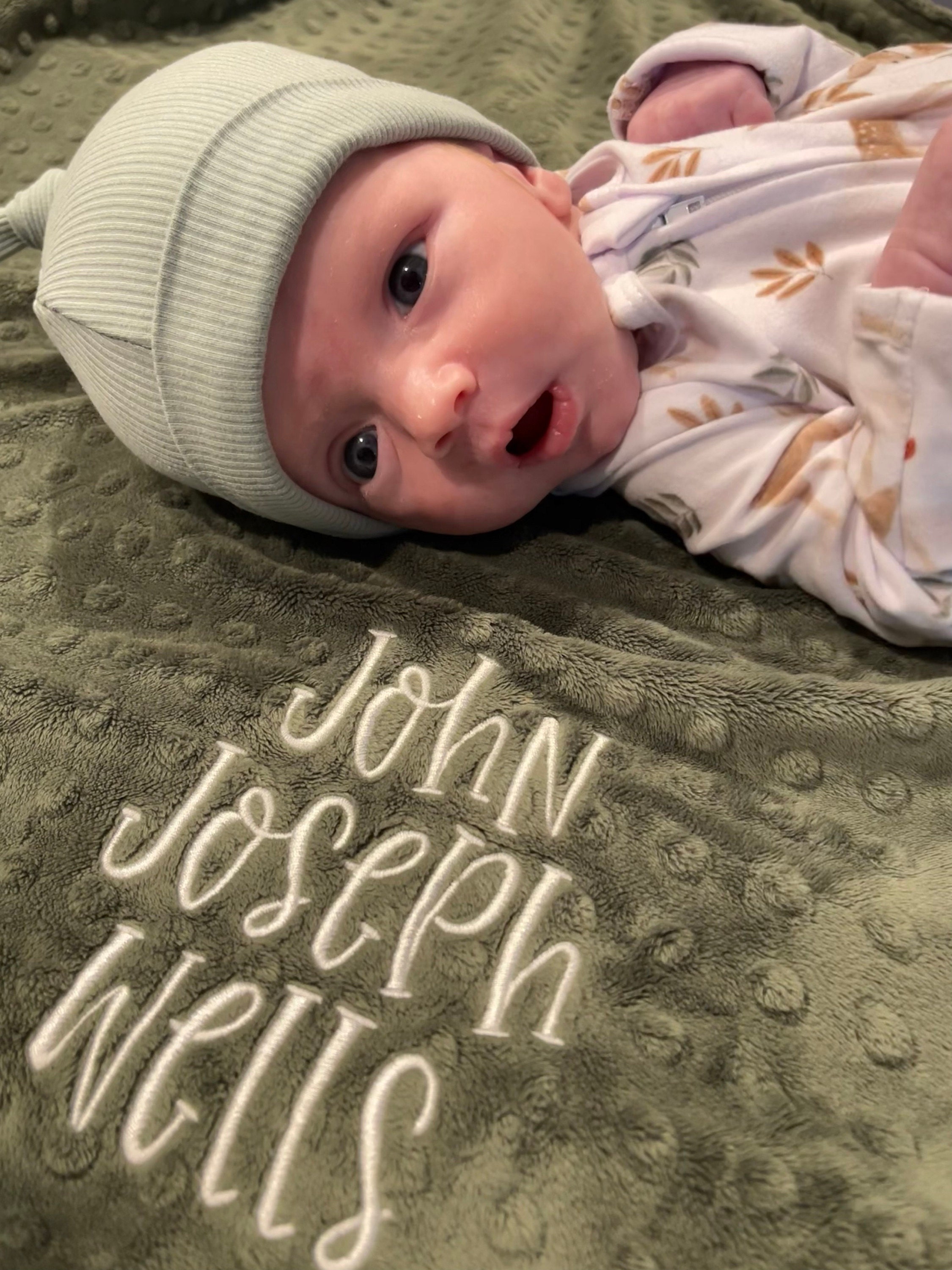 Personalized Blanket for Baby Boy, Green Minky Blanket with Name, Name Baby Shower Gift, Embroidered Minky Blanket for Newborn