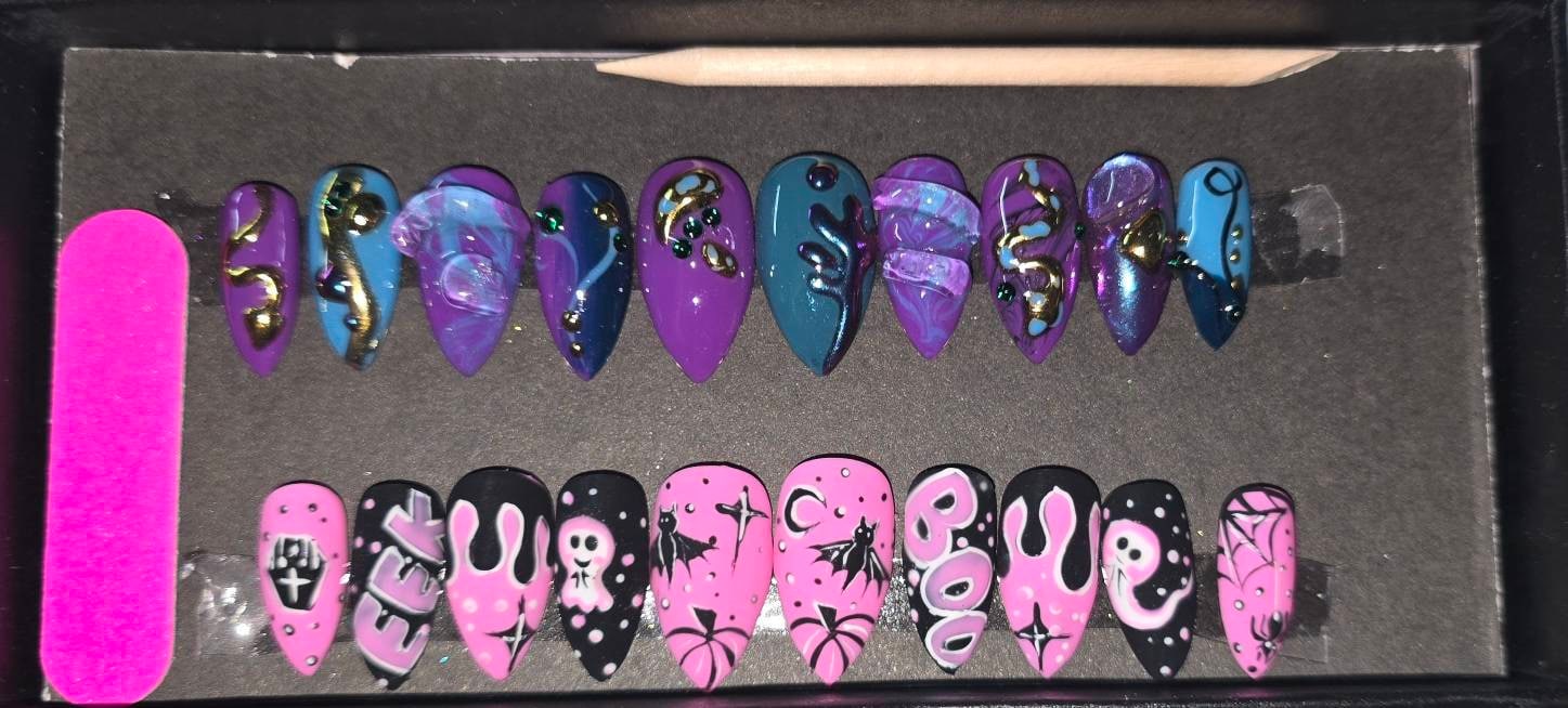 Midnight Magic Fake Nails | Black Pink Halloween Special Press On Nails Stiletto | Hand-made Glue On Nails | Luxury Fake Nails HA4
