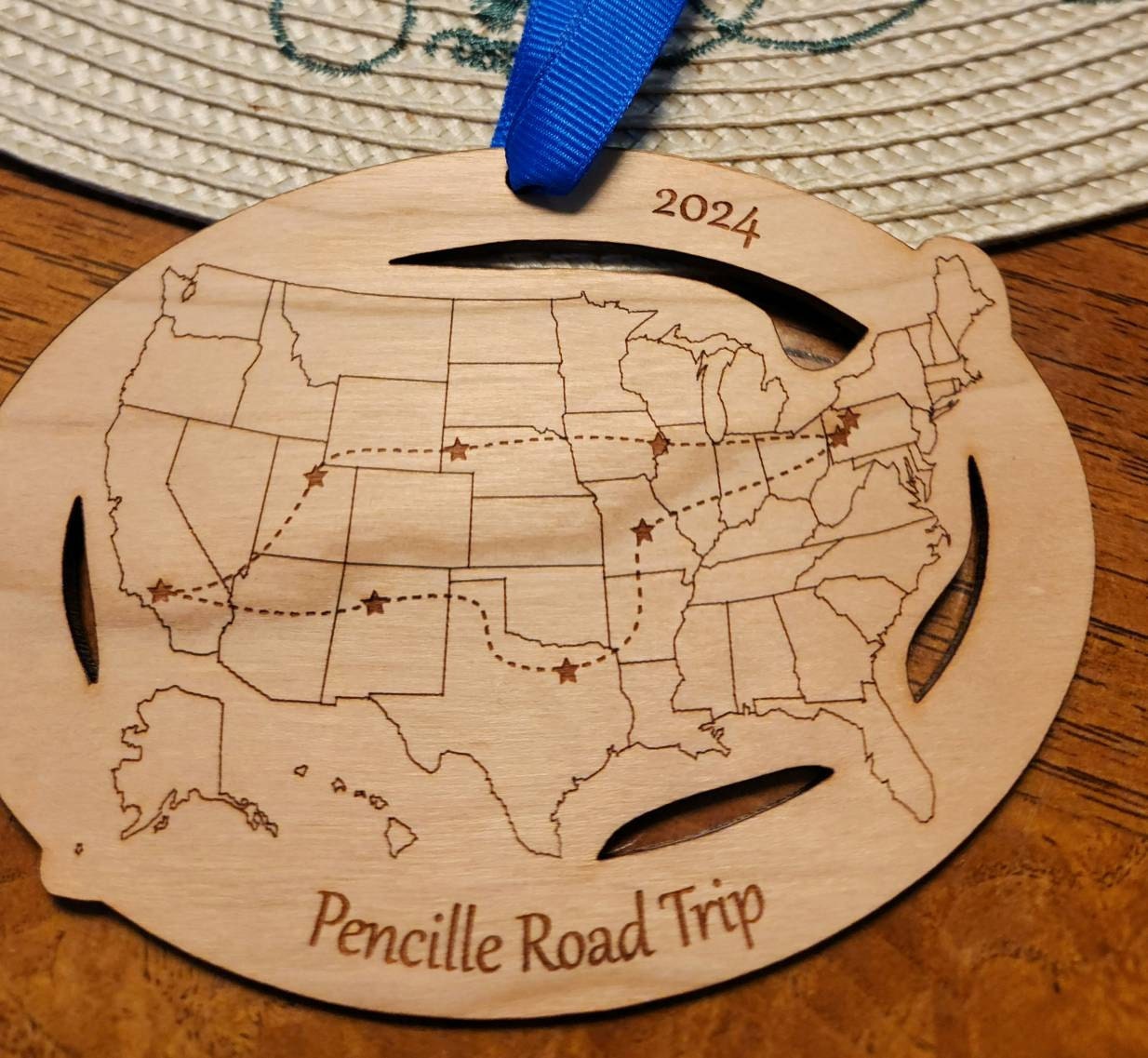 Custom Text and Cities US Map ornament, Road Trip Travel Ornament, long distance relationship, 50 state marathons