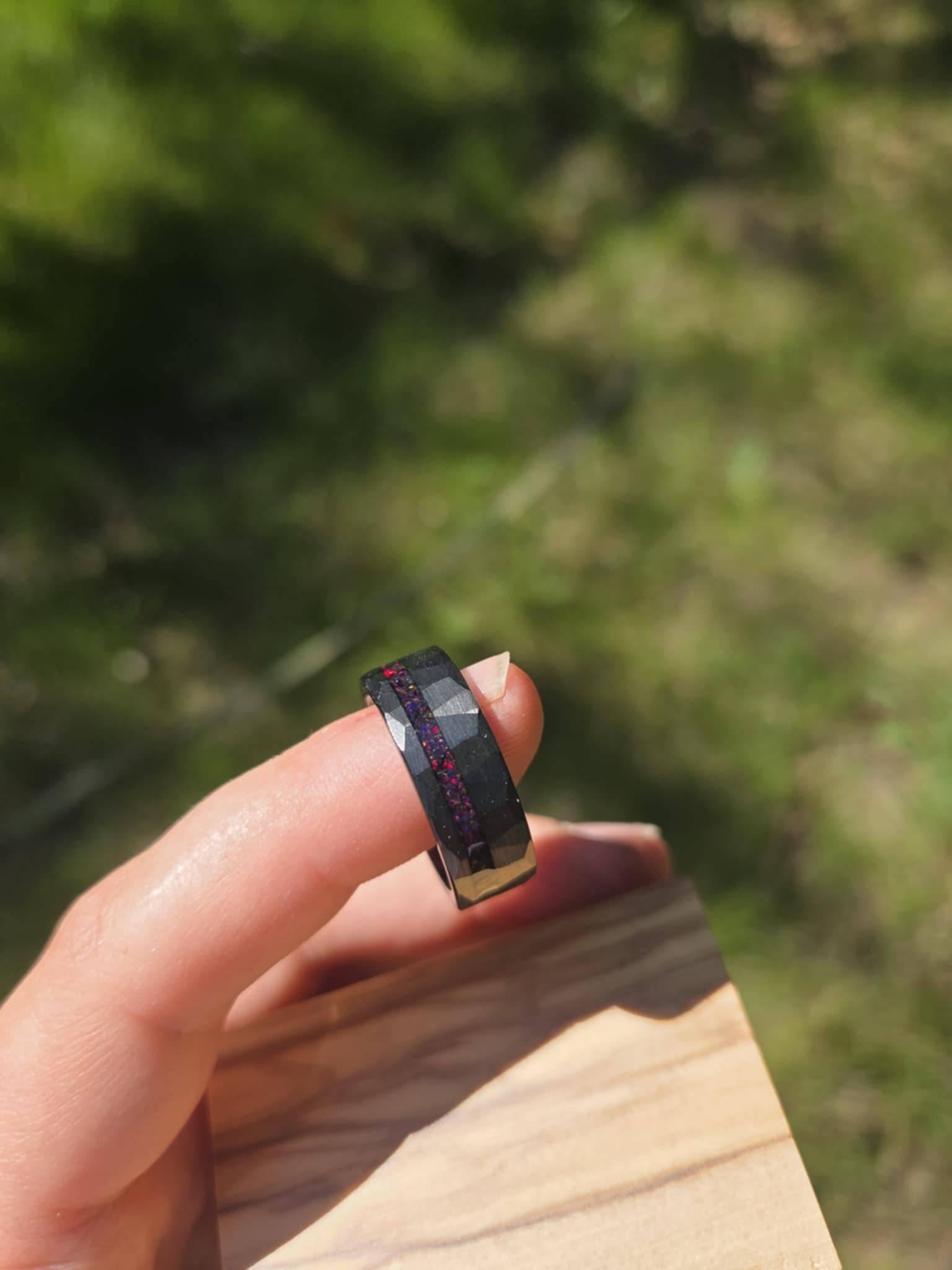 Black Hammered Wedding Band, Tungsten Ring With Red Opal Inlay, Unique Mens Ring, Crushed Red Opal Meteorite Band, Engagement or Gift 8mm