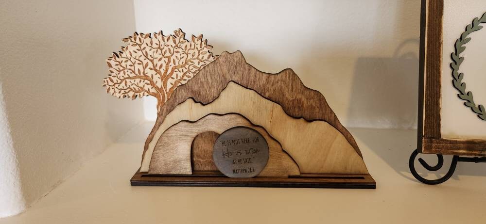 Empty Tomb &quot;He is Risen&quot; Decoration with Cross and Olive Tree, Religious, Christian, Easter Display, Easter Tomb, Laser Cut