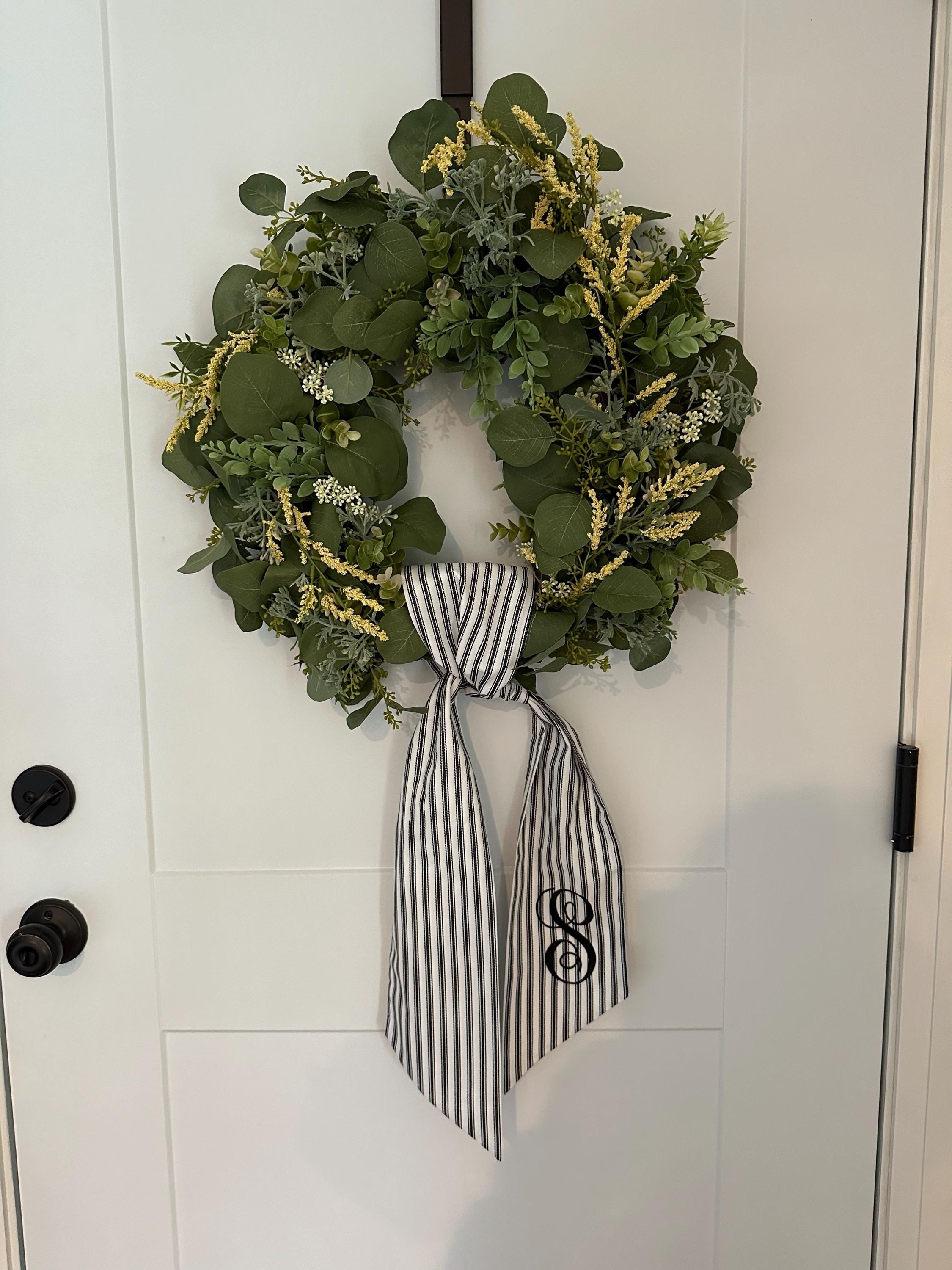 Personalized Black Ticking Stripe Wreath Sash for Front Door, Modern Farmhouse Decor, Striped Embroidered Scarf for Boxwood Wreath, Birthday Gift for Friend