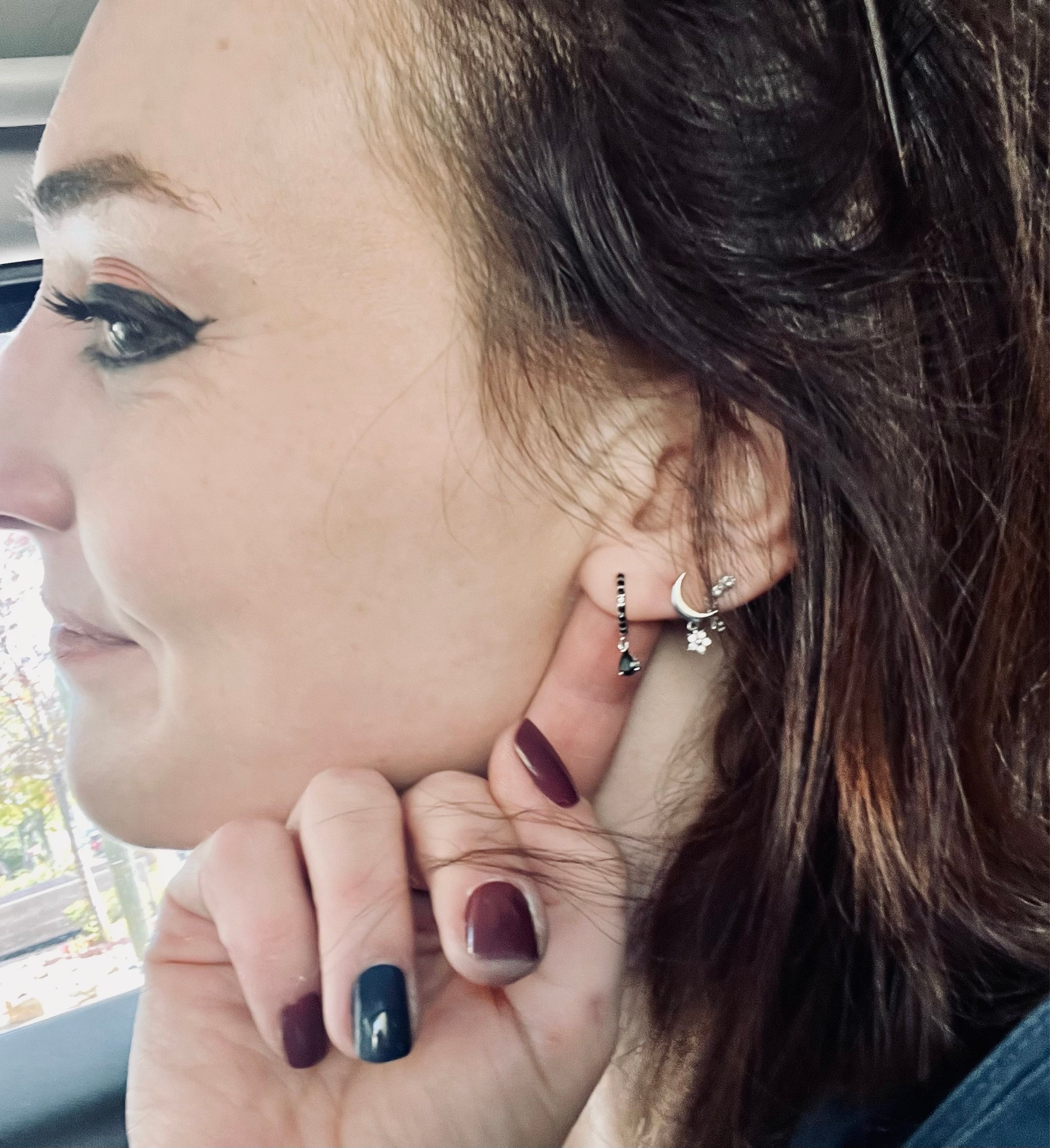 Black cz charm hoops - Dangle hoop earrings - Sterling Silver Minimalist earrings - Tiny Huggie hoop earring
