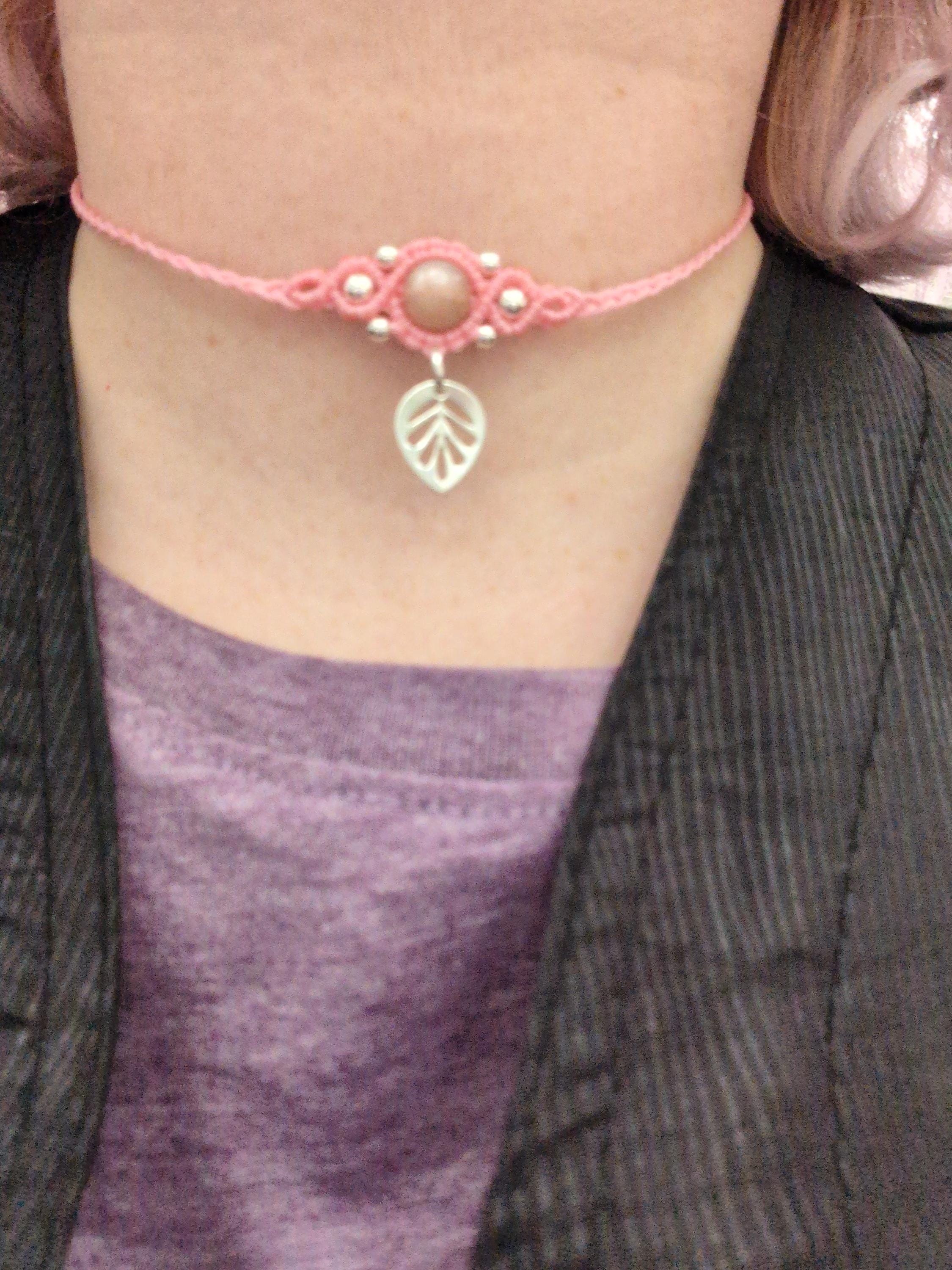 Leaf - Healing Crystal Macrame Choker, boho hippie choker necklace, bohemian jewelry, leaf jewelry, customizable choker, elven jewelry