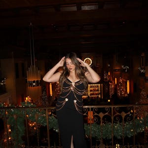 black prom dress with gold chain Gold Sequin Choker Neck Black Glitter Slit A-line Prom Formal Dress main image 0
