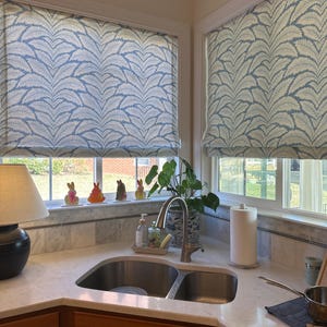 Sister Parish Serendipity Roman Shade with Samuel & Sons Grosgrain Ribbon Trim (fabric in Blue Red, trim in Scarlett- comes in other colors)