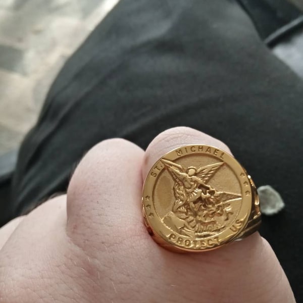 Mens Gold Ring, 18k Gold Signet Ring Men, Gold Man Ring, Protect Us St ...