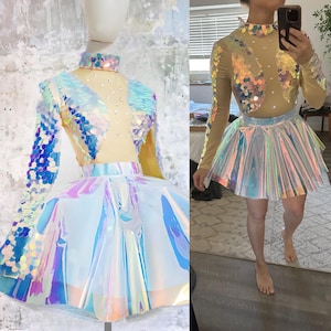 Sequin Holographic bodysuit + skirt set unicorn crystal sequin  dress clear long sleeve Skirt cyber cyberpunk costume bling bling club DJ
