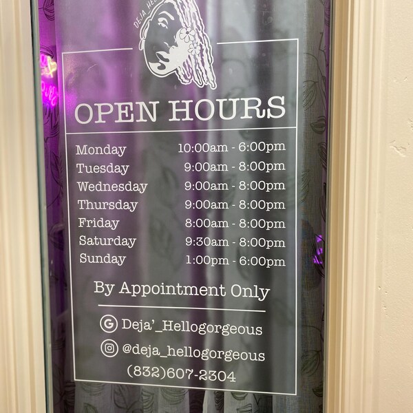 Custom Store Hours Decal Business Door Sign for Hours of Operation Open ...