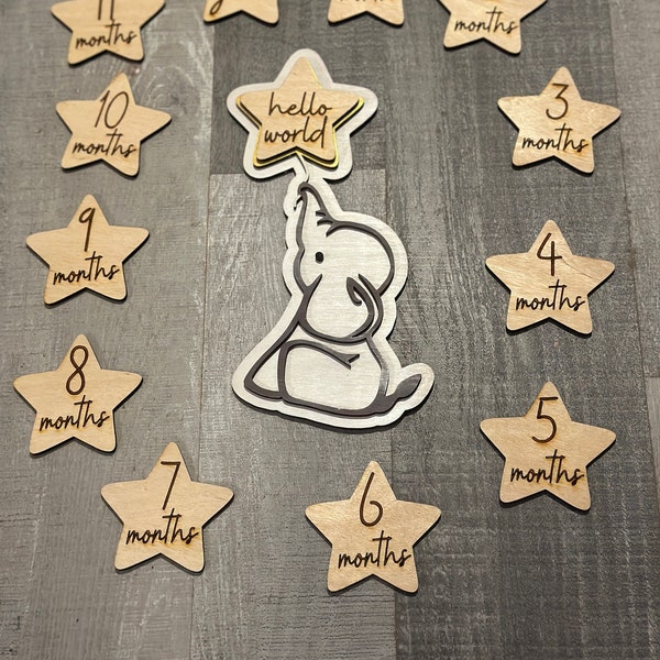 SVG Laser Cut File Elephant Stars Baby Milestone Interchangeable Sign ...