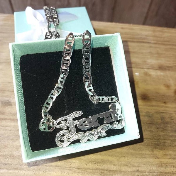 Near Me Solid Gold Personalized Double Plate Diamond Accent Name