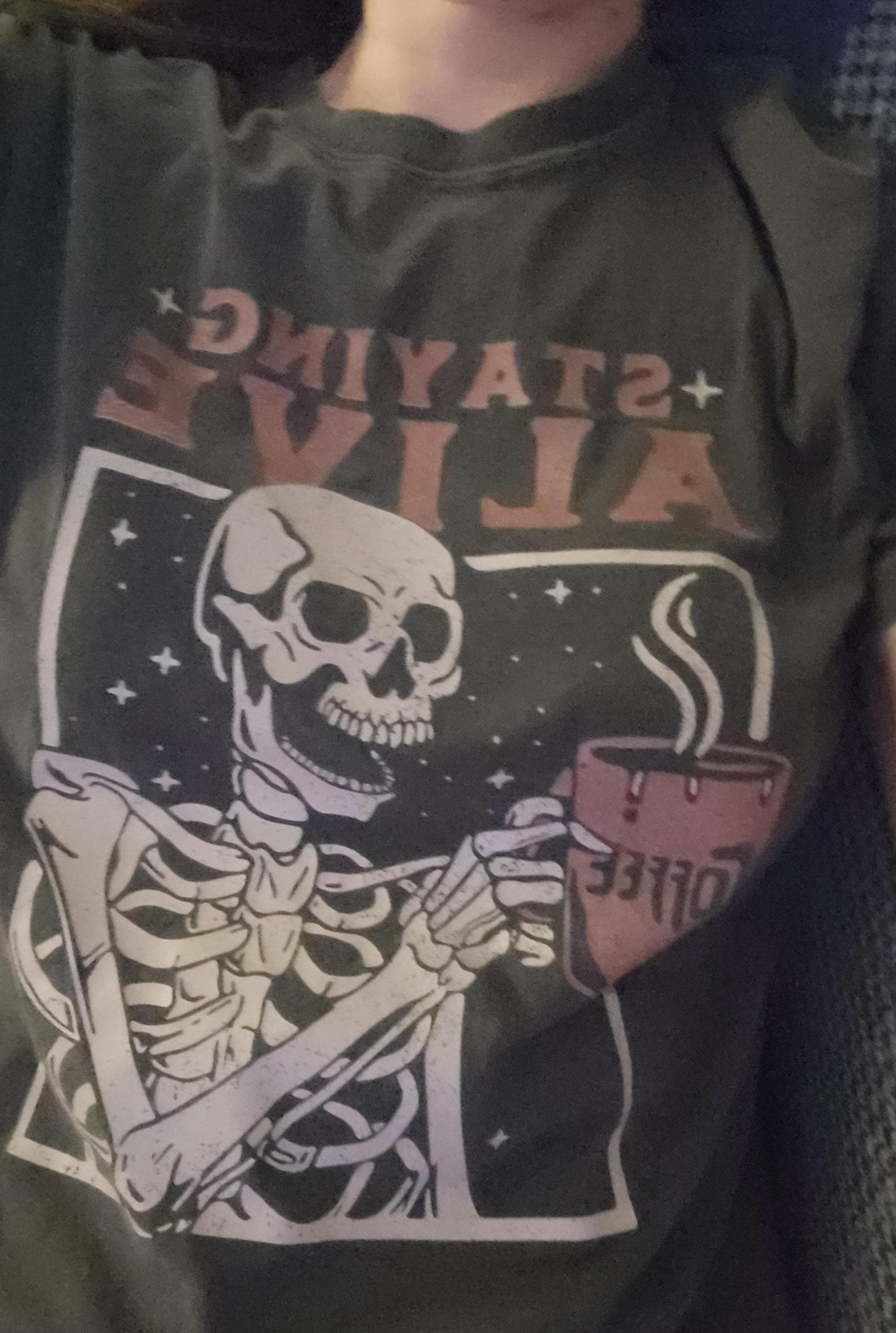 Staying Alive Shirt, Trendy Coffee Shirt, Funny Skeleton T-Shirt, Coffee Lovers Gift Skull retro Halloween Tshirt Women Comfort Colors Tee