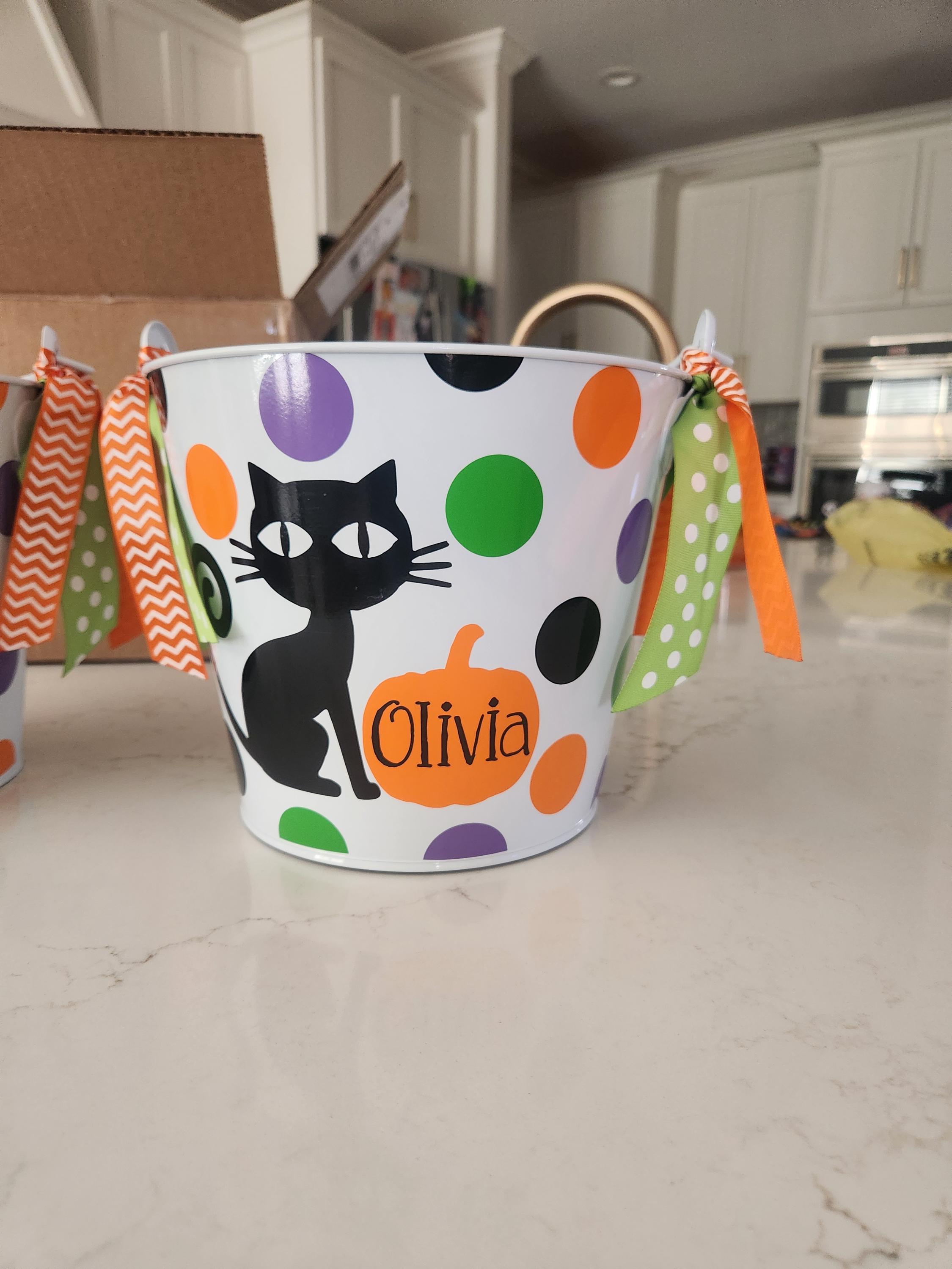 Personalized 5QT Halloween Trick or Treat Bucket with Handles/White with Black Cat and Pumpkin & Name/Many Designs to Choose From