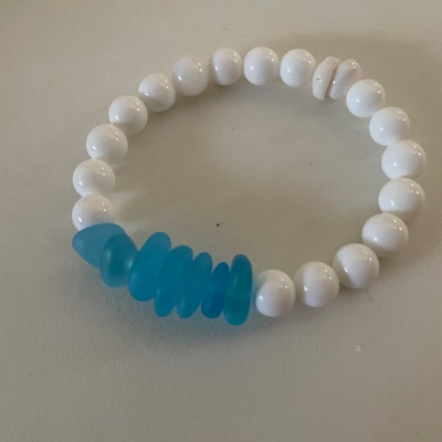 White Jade & Shell Beaded Stretch Bracelet. Hawaii Cone Shell - Etsy