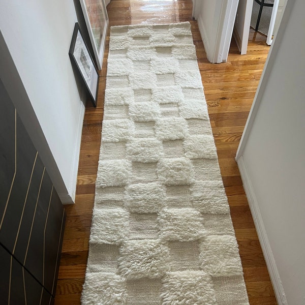 Ivory White Cheque Soft Wool Rug Moroccan Beni Ourain Hand Knotted Wool ...