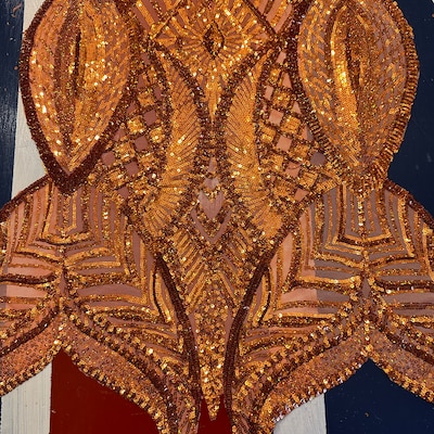 Iridescent Royalty Design On A 4 Way Stretch Mesh/Prom Fabric (1 Yard, Orange on Black Mesh)