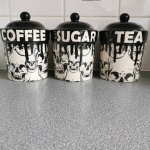 Skull Storage Canisters, Tea Coffee Canister, Sugar Jars, Storage Pots,  Ceramic Pot, Container, Kitchen Flour Pot, Hand Painted, Gothic Goth 
