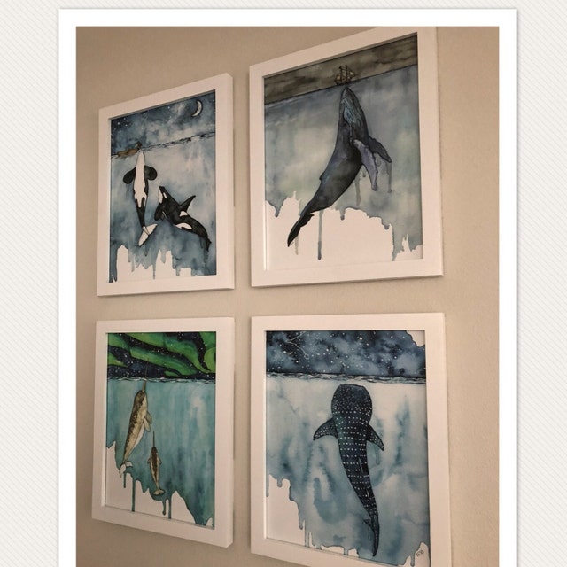 イッカクのパステル画 水彩画、イッカクの絵画、イッカク、イッカクのアート、クジラの育児室