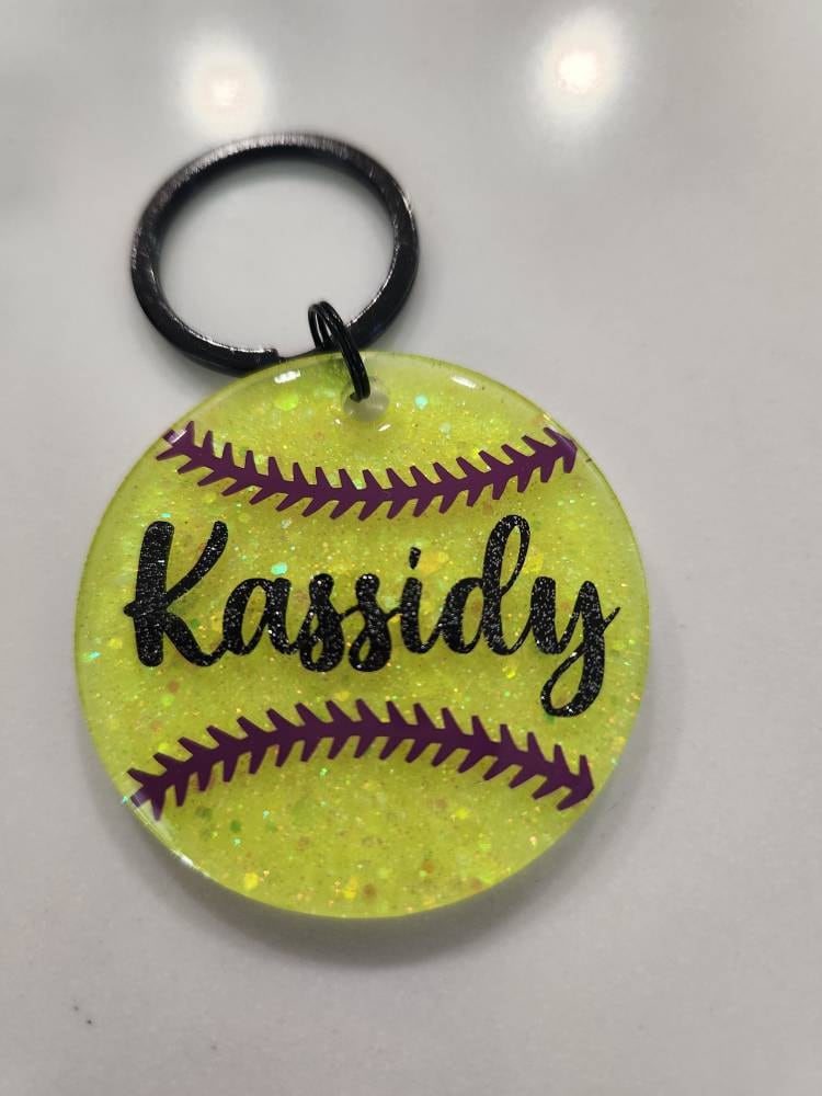 Custom, Glitter Softball Keychain/Bag Tag