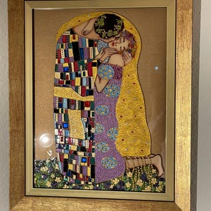 Gustav Klimt the Kiss Original Painting on Glass With Crystals