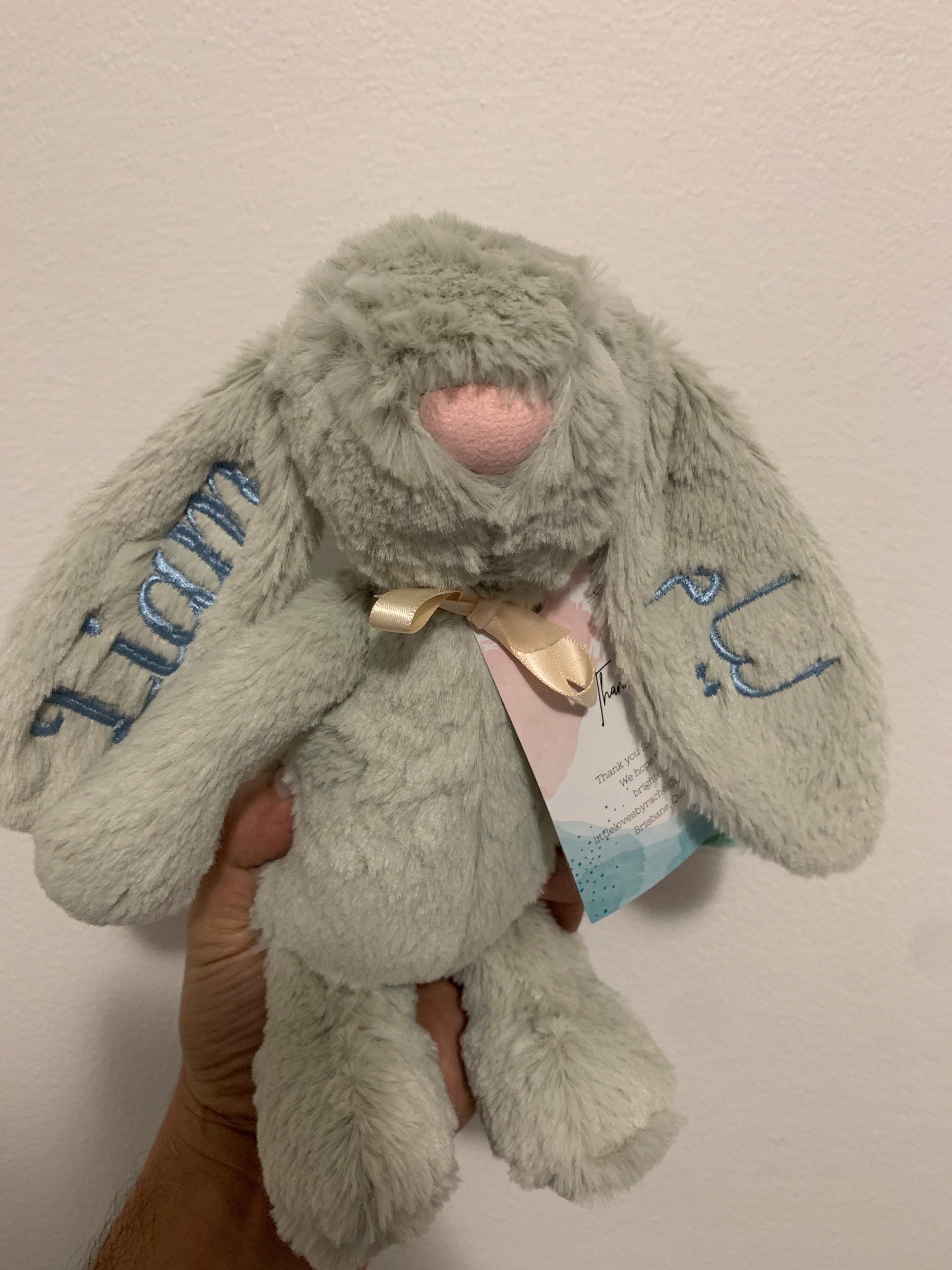 Personalised Plush Bunny Rabbits for children and babies. Floppy ear Rabbit for Easter or Birth. Customise text and colours. Embroidered ear